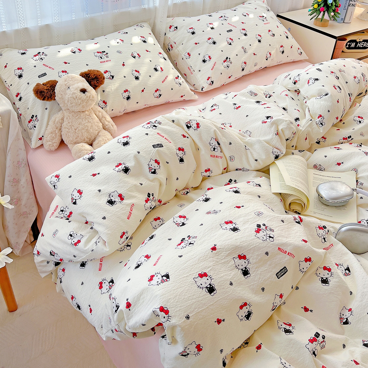 91家纺网 家纺一手货源 找家纺 奈颜 2025新款三丽鸥爆款云感双层纱印花四件套学生宿舍三件套-含防伪吊牌-提供买家秀 嗨皮KT