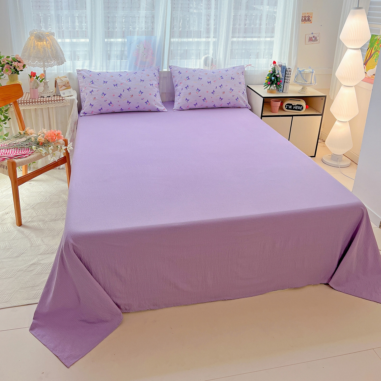 91家纺网 家纺一手货源 找家纺 奈颜 2025新款三丽鸥爆款云感双层纱印花四件套学生宿舍三件套-含防伪吊牌-提供买家秀 库洛米-浅紫