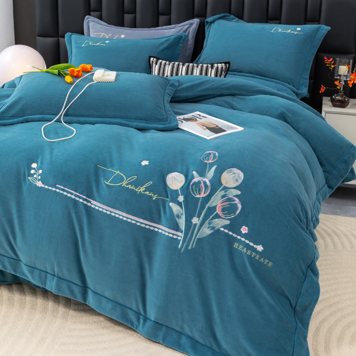 91家纺网 家纺一手货源 找家纺 （总）优姿家纺 2025新款10斤牛奶绒宽边绣花保暖四件套-郁金花香