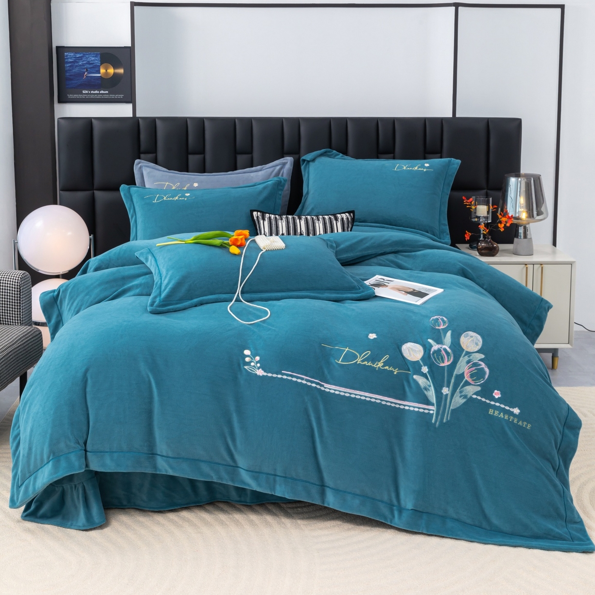 优姿家纺 2025新款10斤牛奶绒宽边绣花保暖四件套-郁金花香 郁金花香-宝石蓝