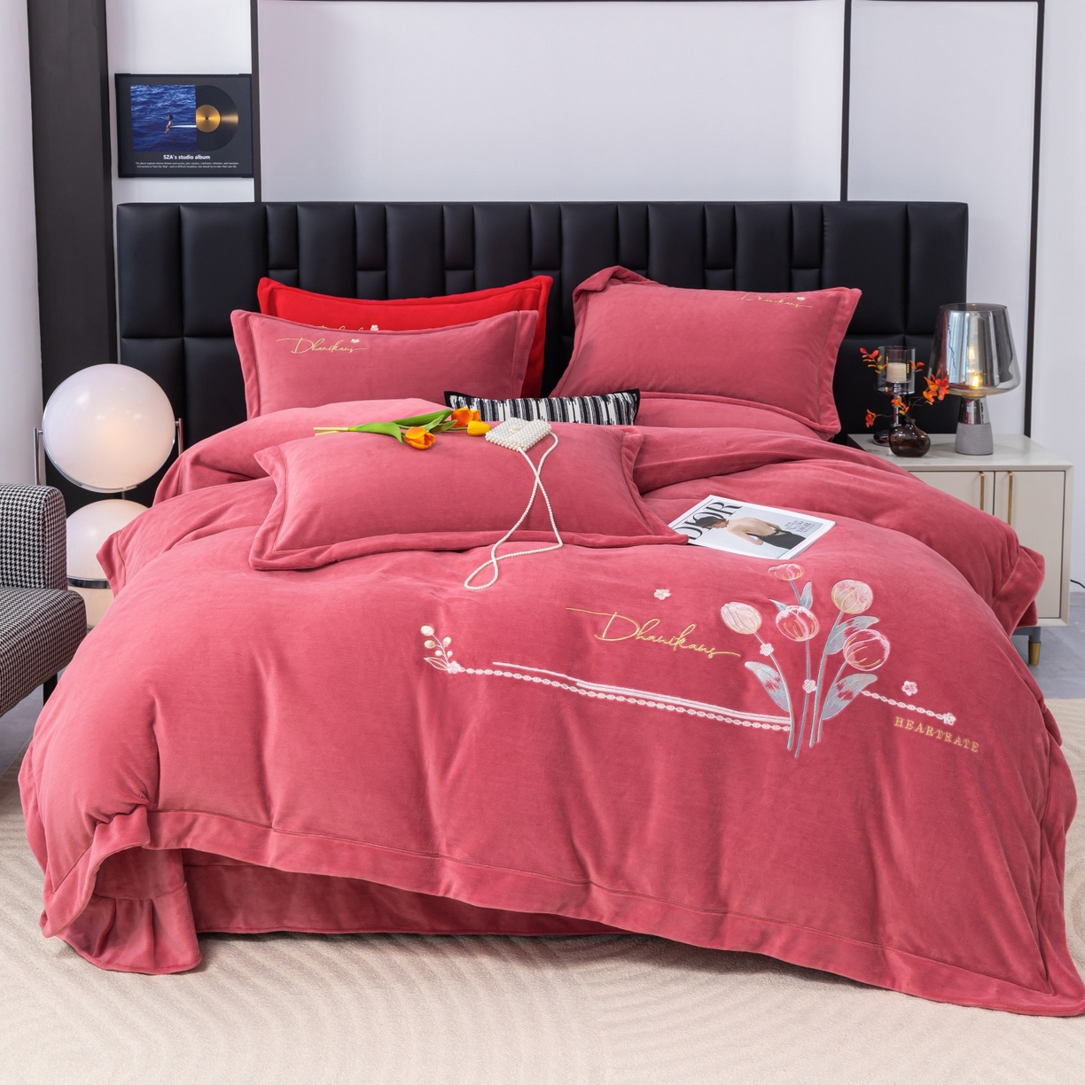 优姿家纺 2025新款10斤牛奶绒宽边绣花保暖四件套-郁金花香 郁金花香-皮红