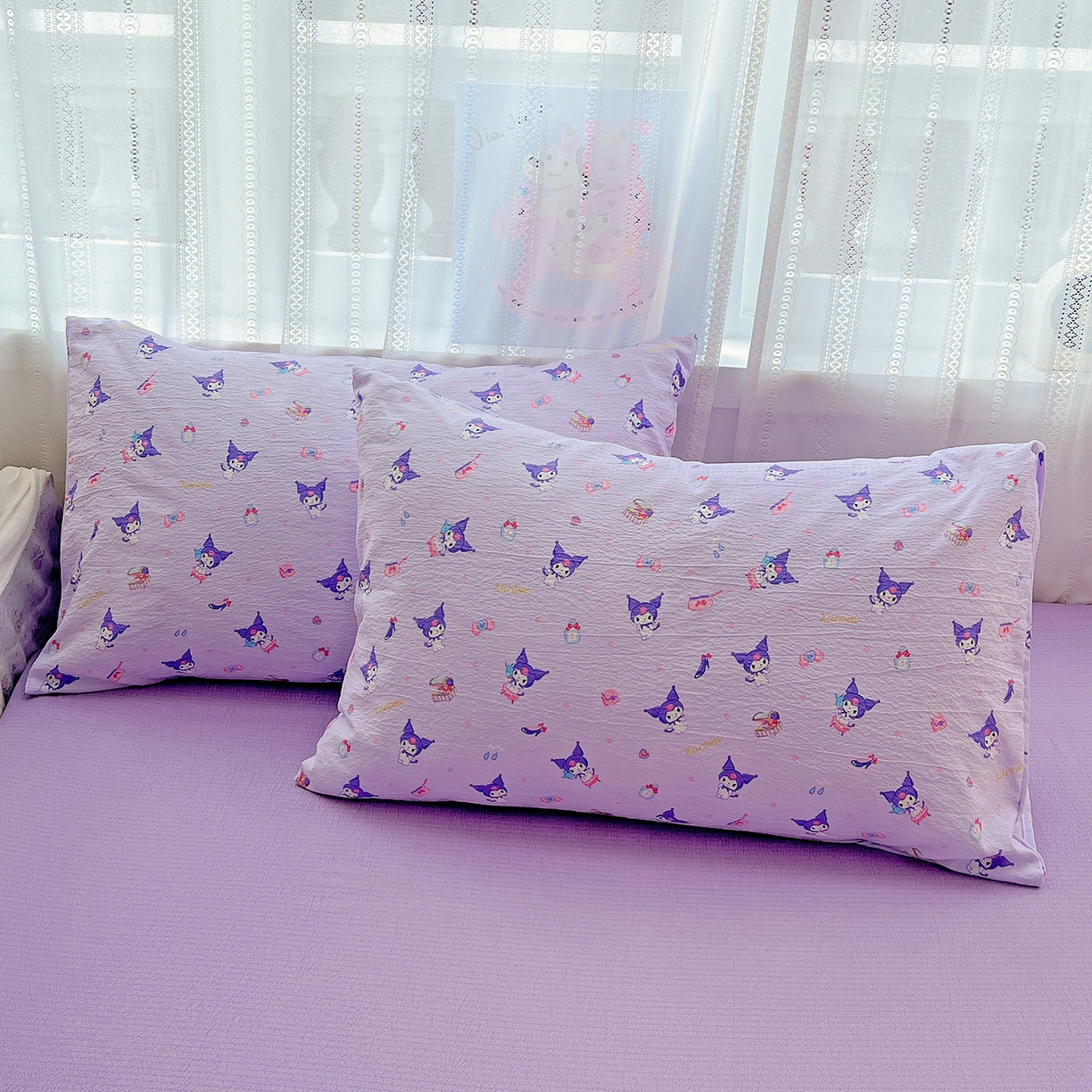 91家纺网 家纺一手货源 找家纺 奈颜 2025新款三丽鸥爆款云感双层纱印花四件套学生宿舍三件套-含防伪吊牌-提供买家秀 库洛米-浅紫