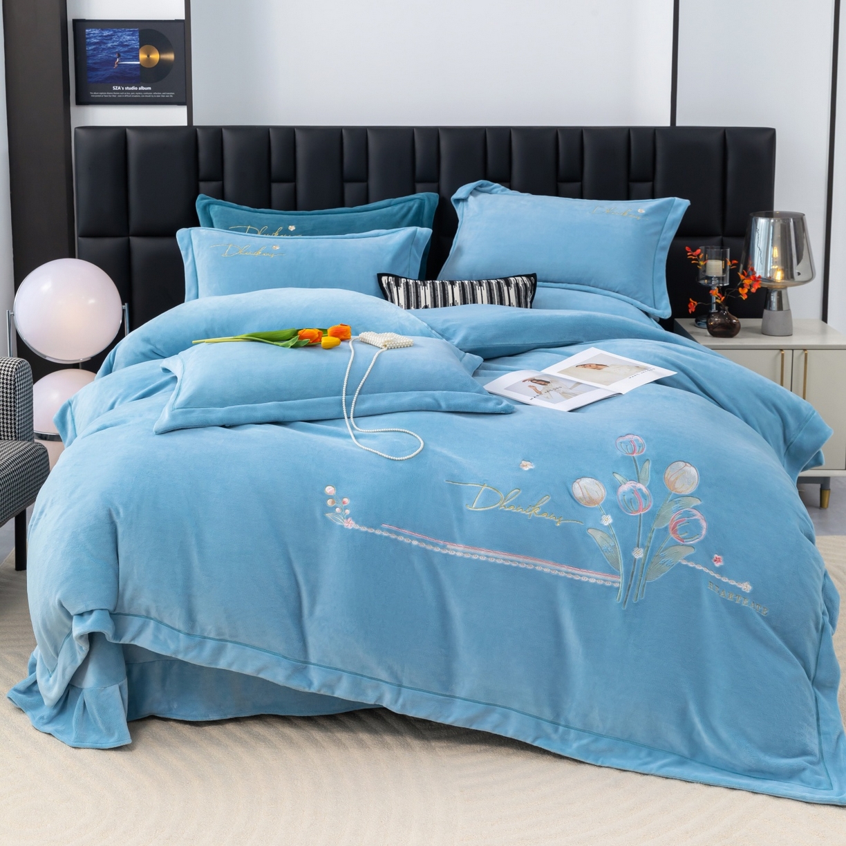 优姿家纺 2025新款10斤牛奶绒宽边绣花保暖四件套-郁金花香 郁金花香-天兰