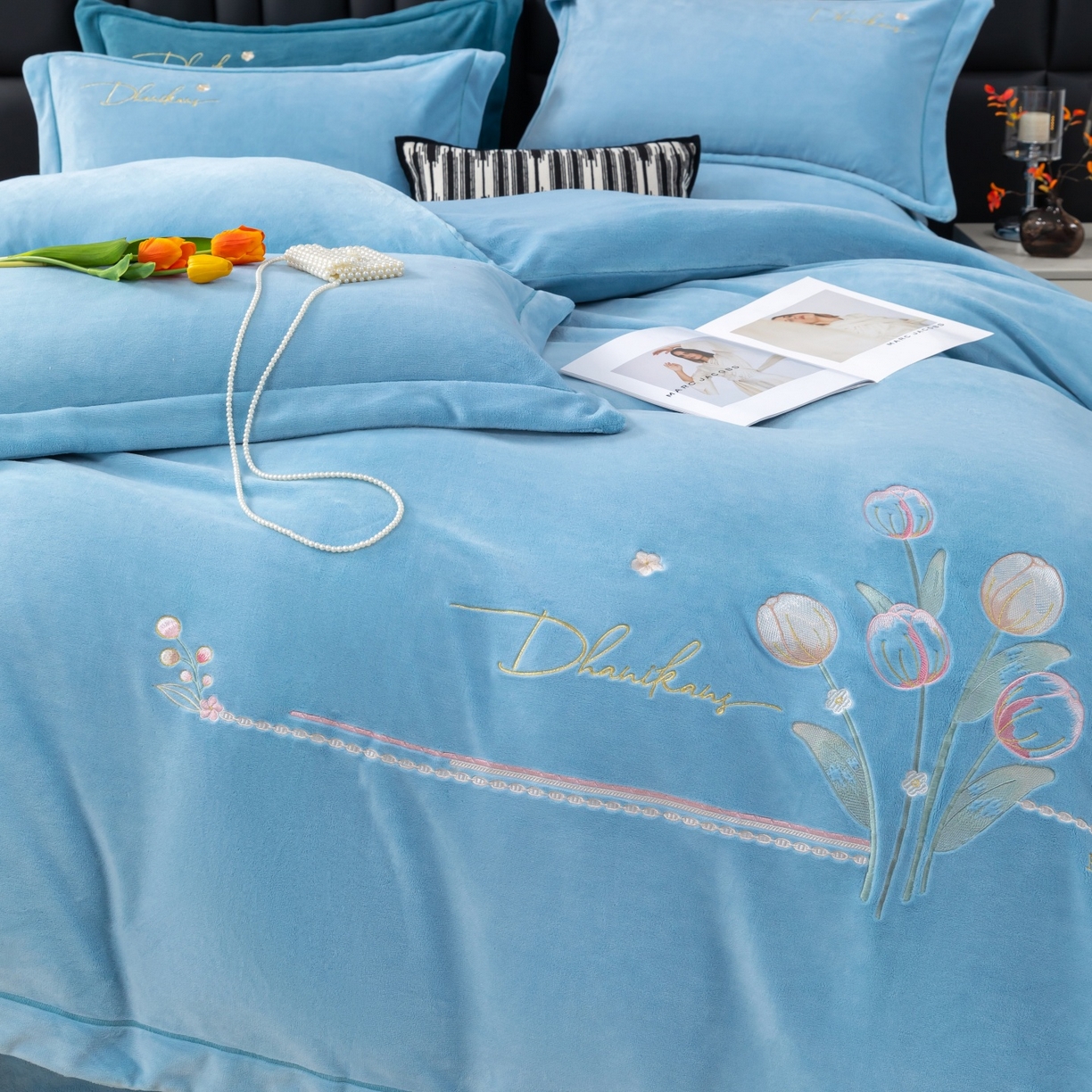 91家纺网 家纺一手货源 找家纺 优姿家纺 2025新款10斤牛奶绒宽边绣花保暖四件套-郁金花香 郁金花香-天兰