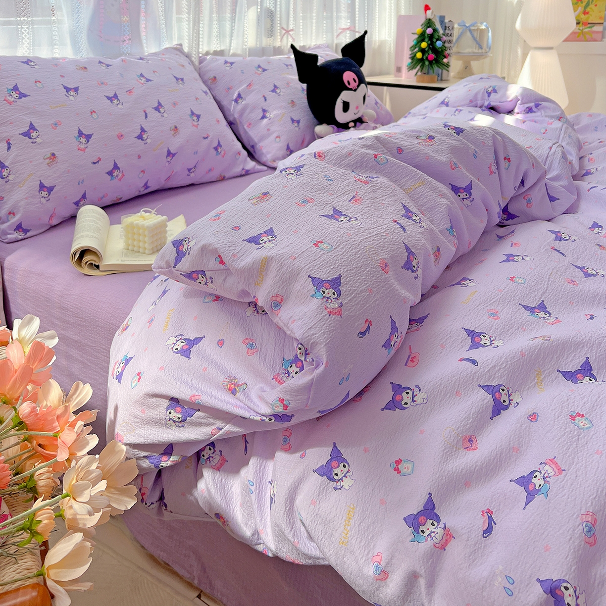 91家纺网 家纺一手货源 找家纺 奈颜 2025新款三丽鸥爆款云感双层纱印花四件套学生宿舍三件套-含防伪吊牌-提供买家秀 库洛米-浅紫