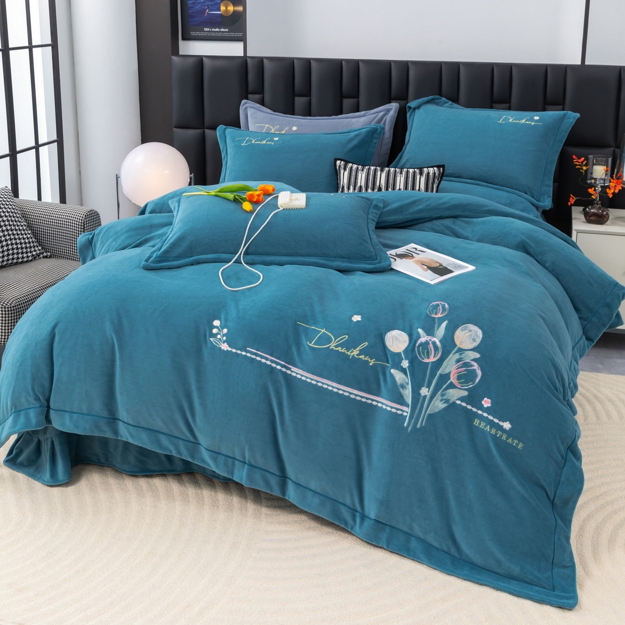 91家纺网 家纺一手货源 找家纺 （总）优姿家纺 2025新款10斤牛奶绒宽边绣花保暖四件套-郁金花香