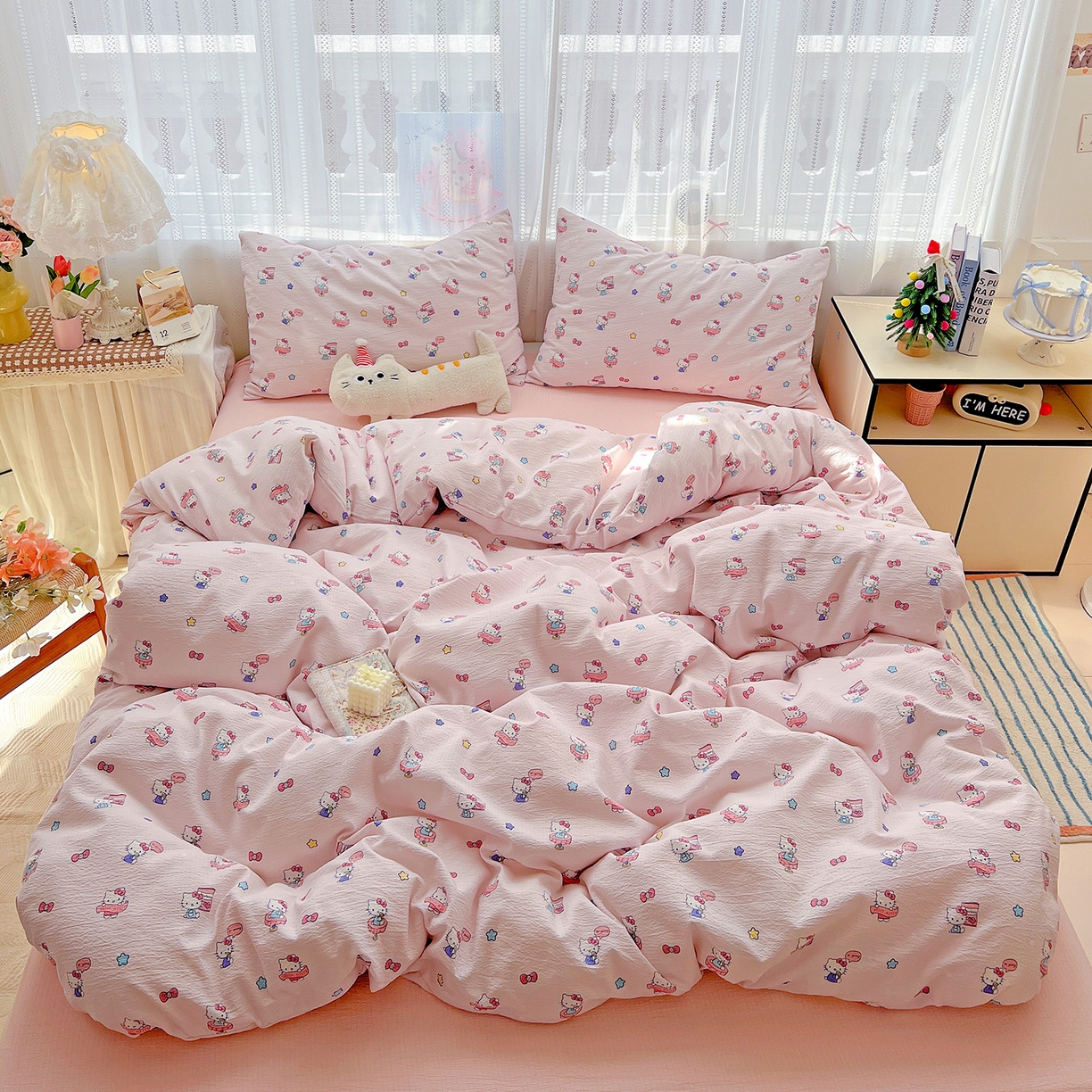 91家纺网 家纺一手货源 找家纺 奈颜 2025新款三丽鸥爆款云感双层纱印花四件套学生宿舍三件套-含防伪吊牌-提供买家秀 梦幻KT