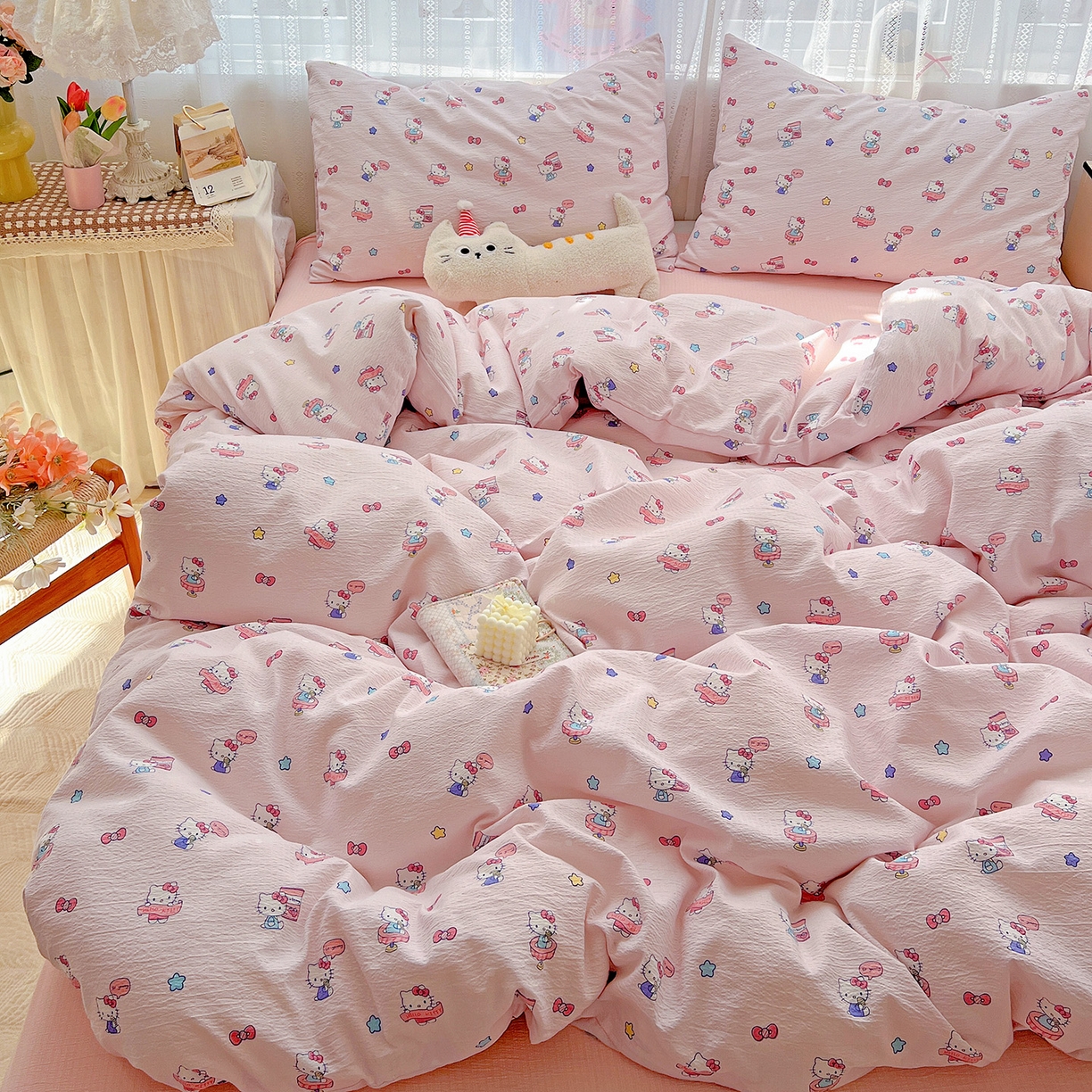 91家纺网 家纺一手货源 找家纺 奈颜 2025新款三丽鸥爆款云感双层纱印花四件套学生宿舍三件套-含防伪吊牌-提供买家秀 梦幻KT