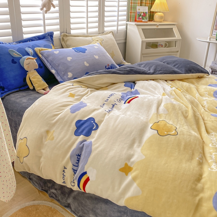 91家纺网 家纺一手货源 找家纺 宝薇 2025新款加厚保暖简约风小版印花牛奶绒四件套 满天星