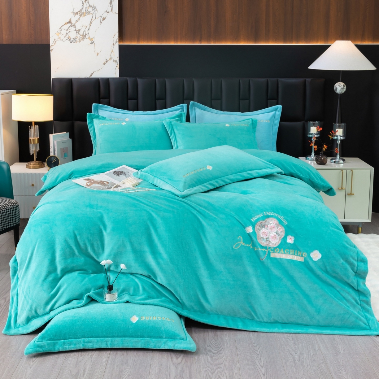 优姿家纺 2025新款10斤牛奶绒宽边绣花保暖四件套-田园印象 田园印象-湖兰