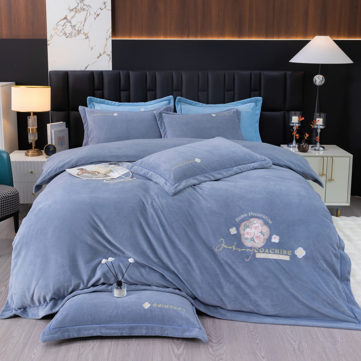 优姿家纺 2025新款10斤牛奶绒宽边绣花保暖四件套-田园印象 田园印象-典雅灰