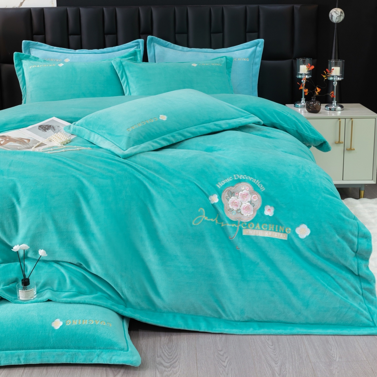 91家纺网 家纺一手货源 找家纺 优姿家纺 2025新款10斤牛奶绒宽边绣花保暖四件套-田园印象 田园印象-湖兰