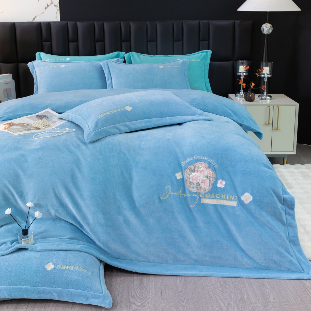 91家纺网 家纺一手货源 找家纺 优姿家纺 2025新款10斤牛奶绒宽边绣花保暖四件套-田园印象 田园印象-天兰