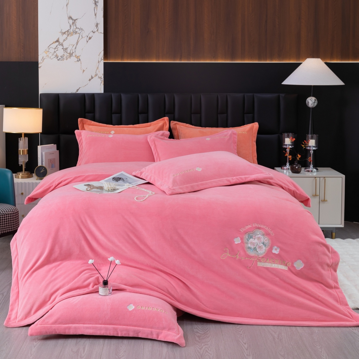 优姿家纺 2025新款10斤牛奶绒宽边绣花保暖四件套-田园印象 田园印象-粉