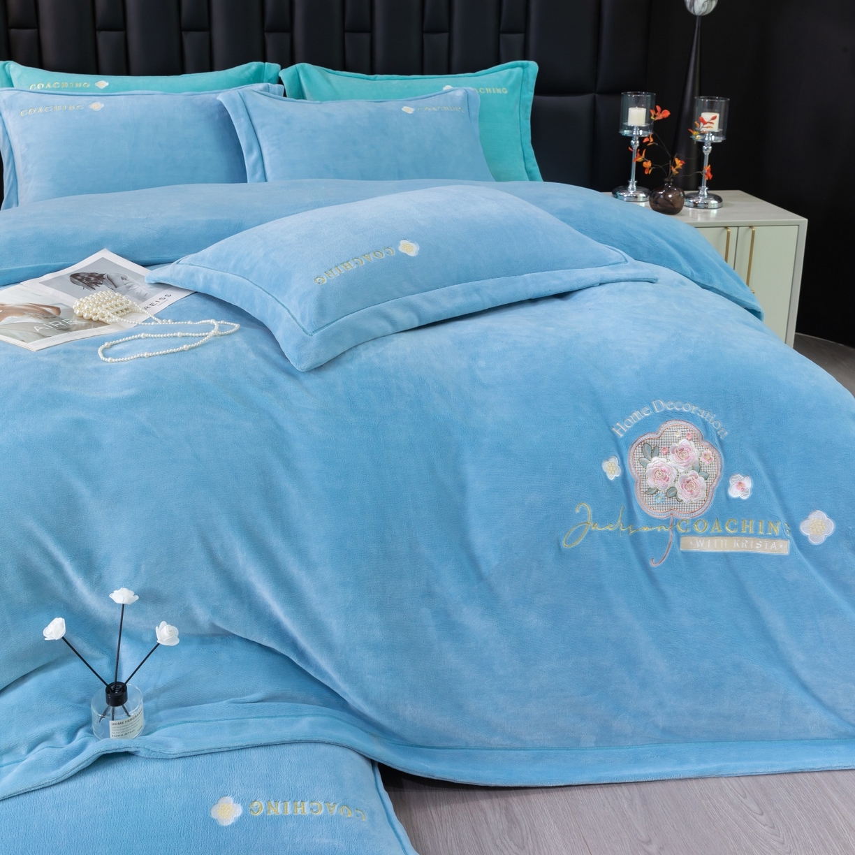 91家纺网 家纺一手货源 找家纺 优姿家纺 2025新款10斤牛奶绒宽边绣花保暖四件套-田园印象 田园印象-天兰