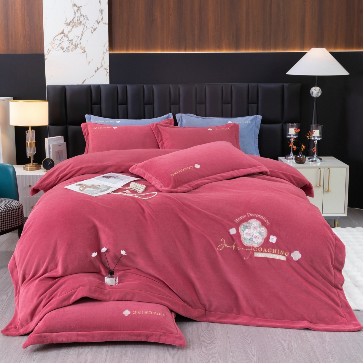 优姿家纺 2025新款10斤牛奶绒宽边绣花保暖四件套-田园印象 田园印象-皮红