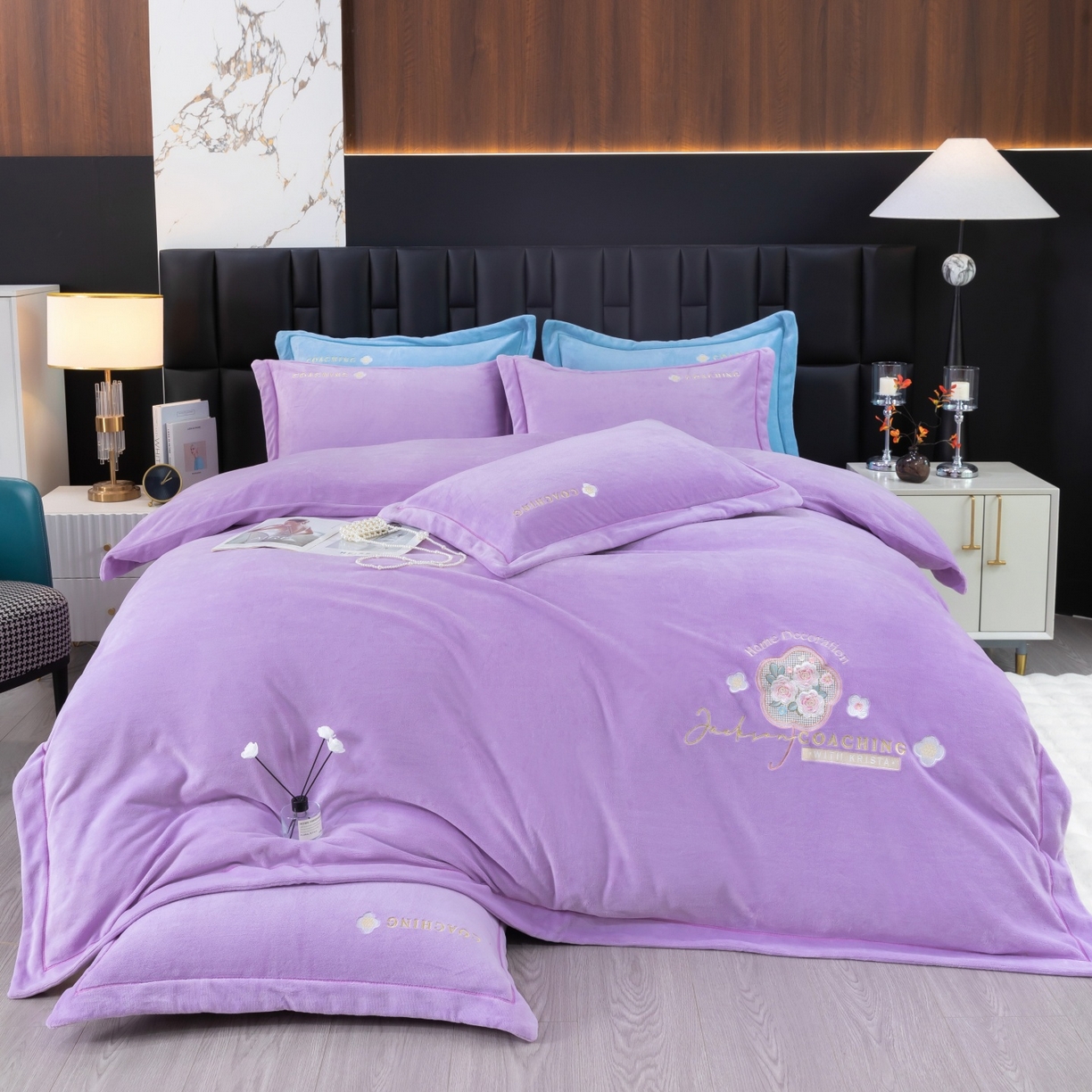 优姿家纺 2025新款10斤牛奶绒宽边绣花保暖四件套-田园印象 田园印象-千代紫