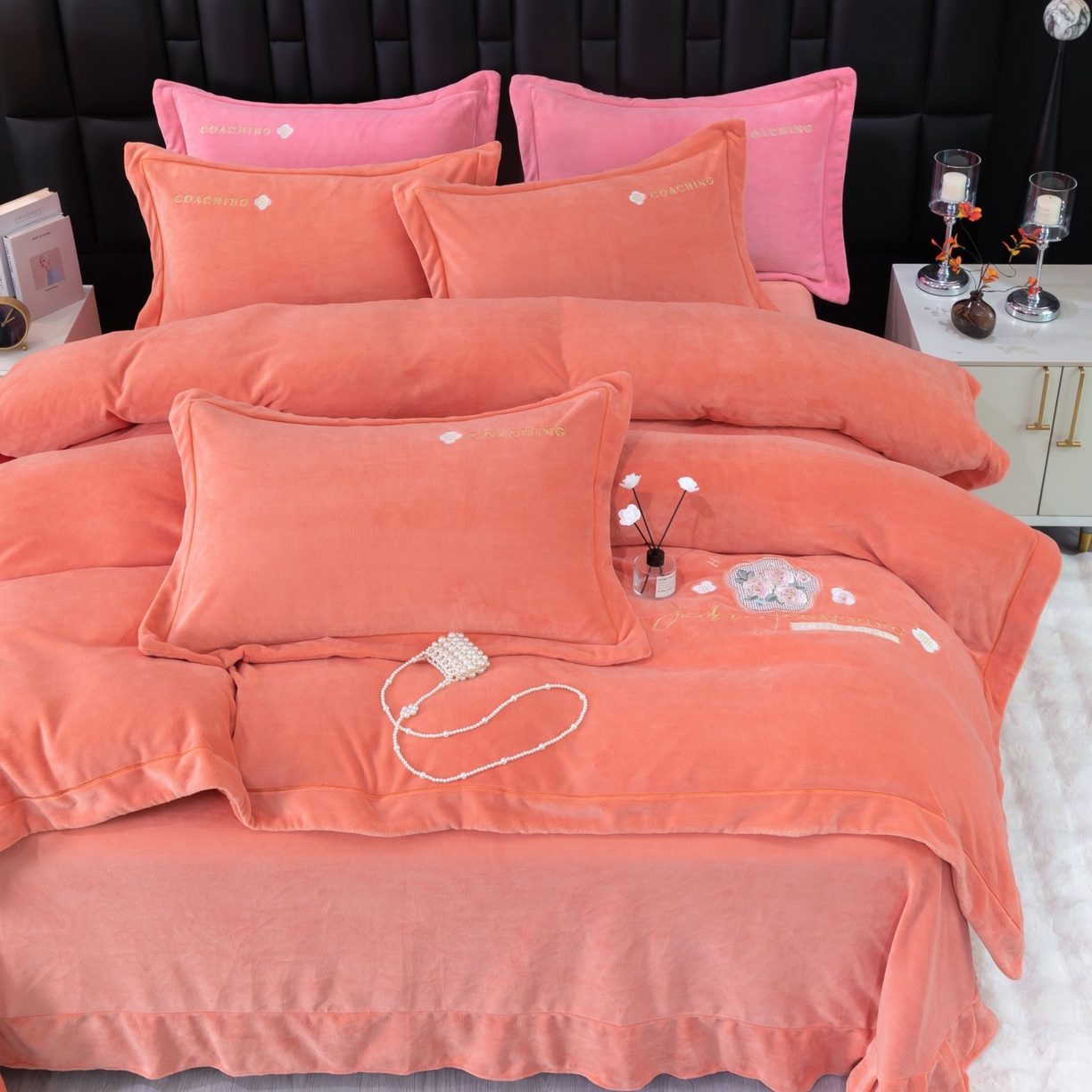 91家纺网 家纺一手货源 找家纺 优姿家纺 2025新款10斤牛奶绒宽边绣花保暖四件套-田园印象 田园印象-桔