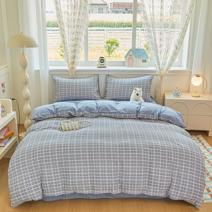 可思家纺 2025新款云感棉四件套 格纹兰