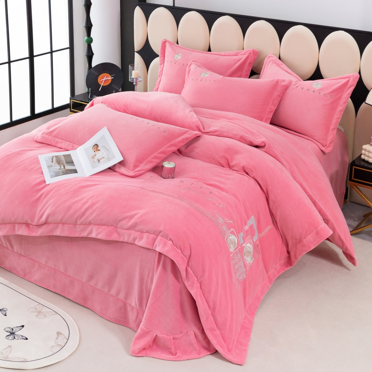 优姿家纺 2025新款10斤牛奶绒宽边绣花保暖四件套-简单生活 简单生活-粉
