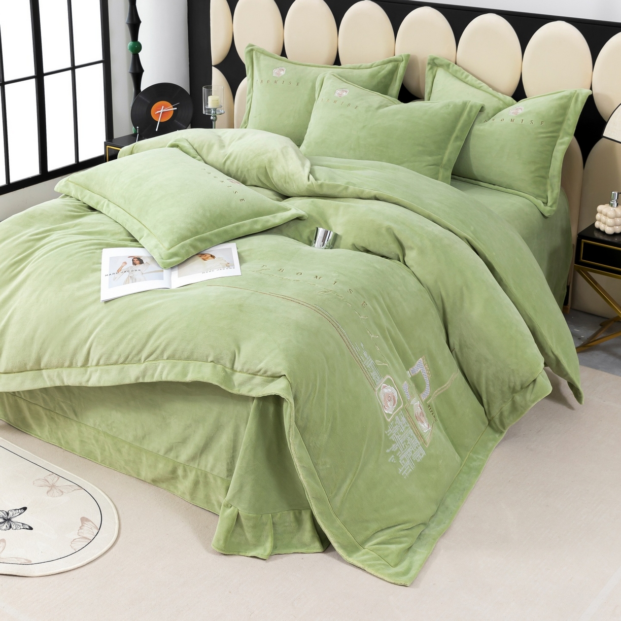 优姿家纺 2025新款10斤牛奶绒宽边绣花保暖四件套-简单生活 简单生活-抹茶绿