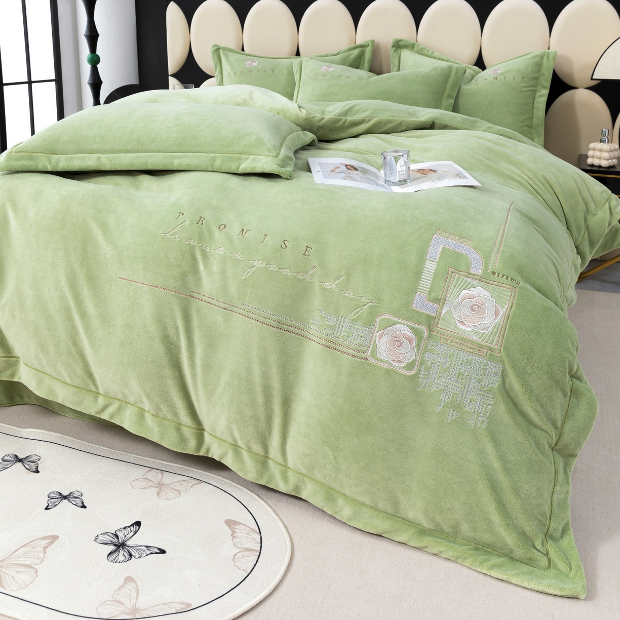 91家纺网 家纺一手货源 找家纺 优姿家纺 2025新款10斤牛奶绒宽边绣花保暖四件套-简单生活 简单生活-抹茶绿