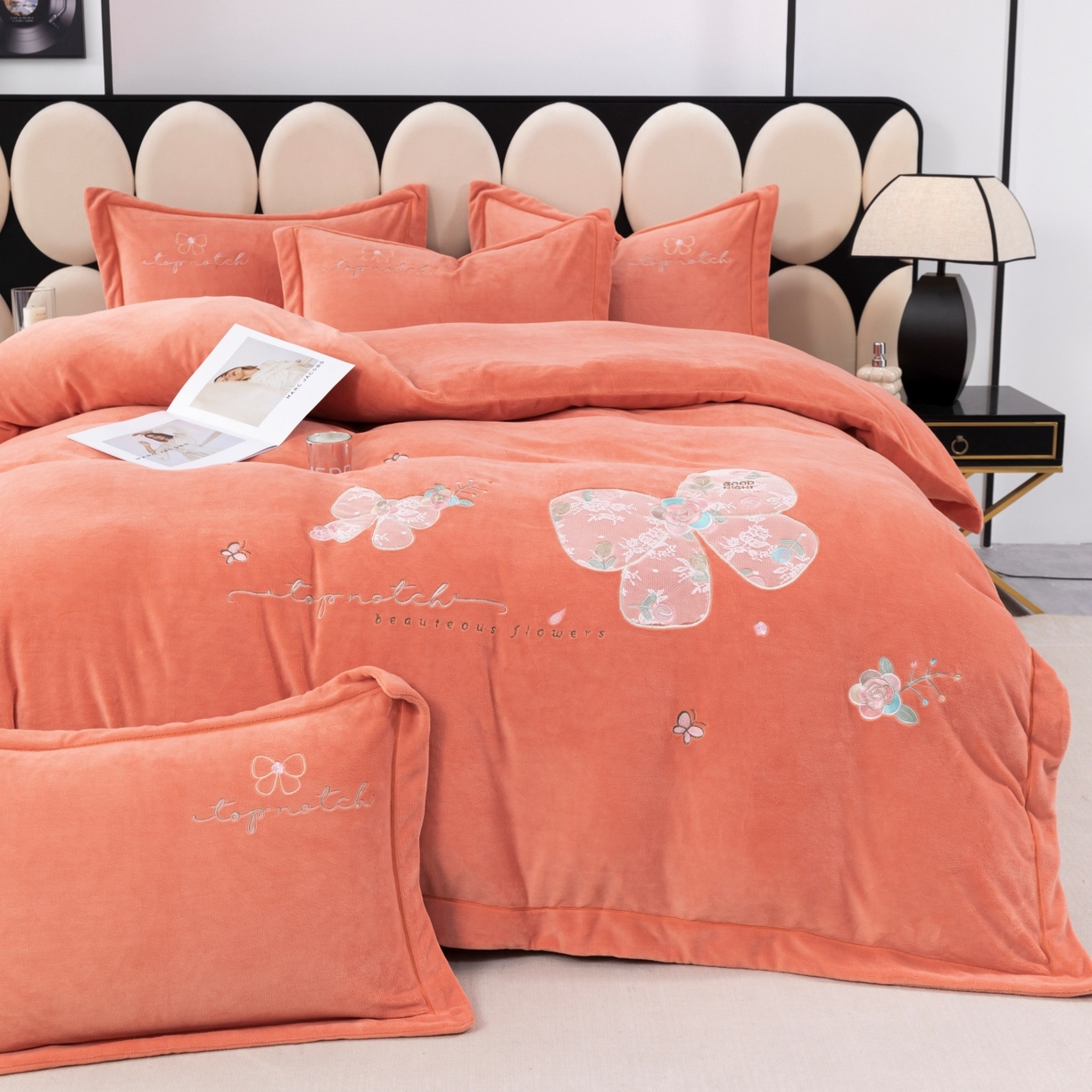优姿家纺 2025新款10斤牛奶绒宽边绣花保暖四件套-蝴蝶心语 蝴蝶心语-桔
