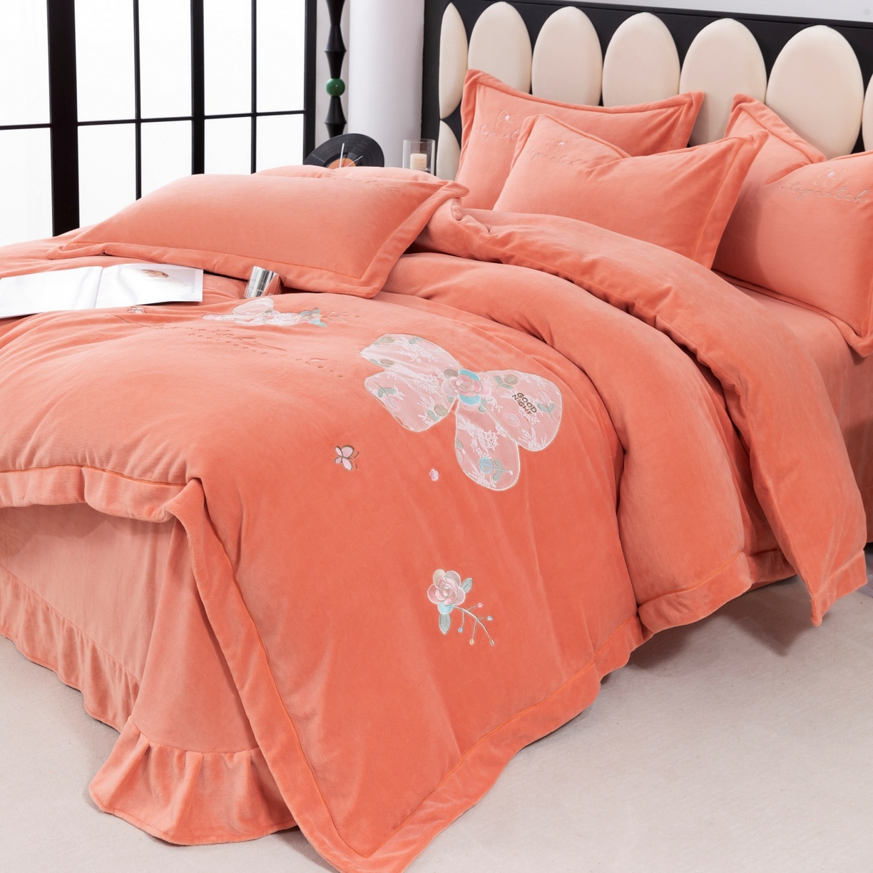 91家纺网 家纺一手货源 找家纺 优姿家纺 2025新款10斤牛奶绒宽边绣花保暖四件套-蝴蝶心语 蝴蝶心语-桔