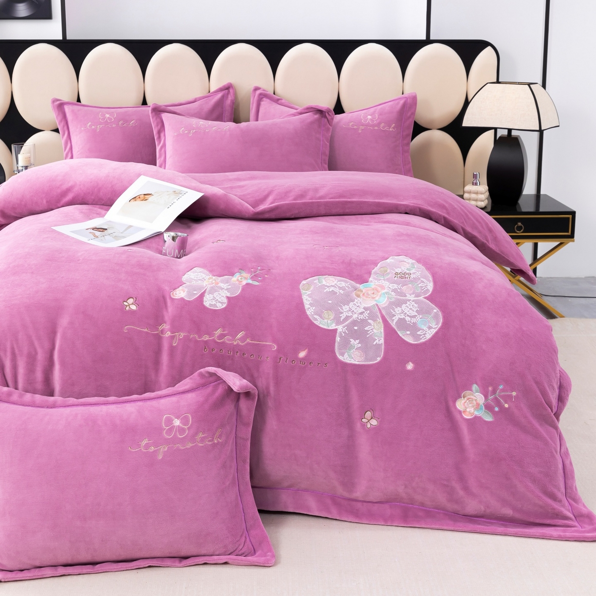 91家纺网 家纺一手货源 找家纺 优姿家纺 2025新款10斤牛奶绒宽边绣花保暖四件套-蝴蝶心语 蝴蝶心语-紫