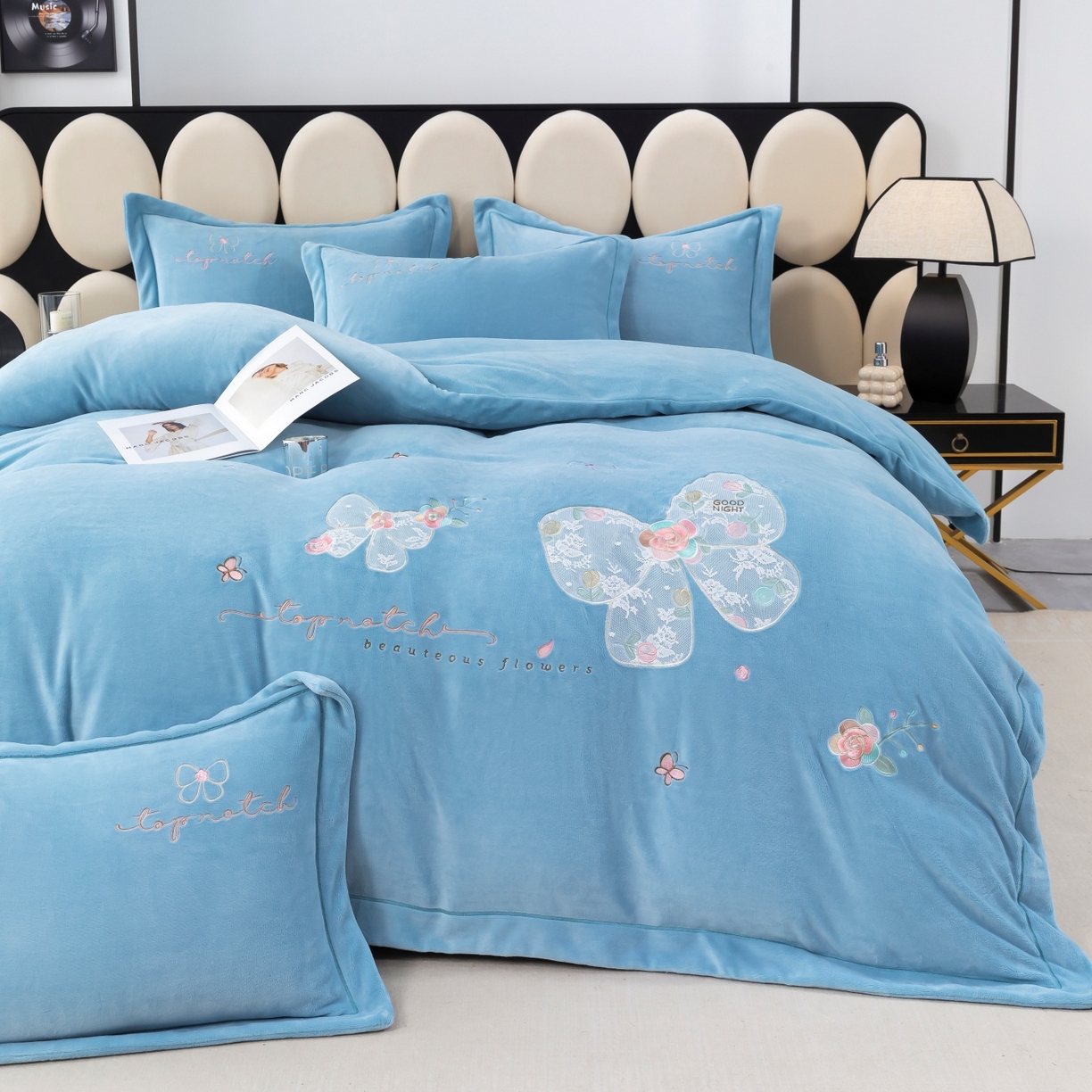 优姿家纺 2025新款10斤牛奶绒宽边绣花保暖四件套-蝴蝶心语 蝴蝶心语-天兰