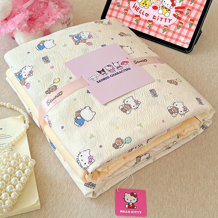 91家纺网 家纺一手货源 找家纺 奈颜 2025新款三丽鸥爆款云感双层纱印花四件套学生宿舍三件套-含防伪吊牌-叠拍图 KT派对