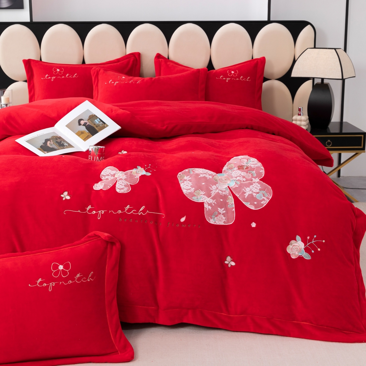 优姿家纺 2025新款10斤牛奶绒宽边绣花保暖四件套-蝴蝶心语 蝴蝶心语-大红