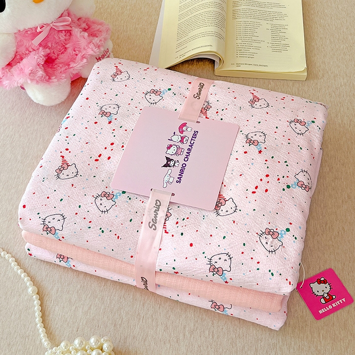 奈颜 2025新款三丽鸥爆款云感双层纱印花四件套学生宿舍三件套-含防伪吊牌-叠拍图 蛋糕KT猫-浅粉