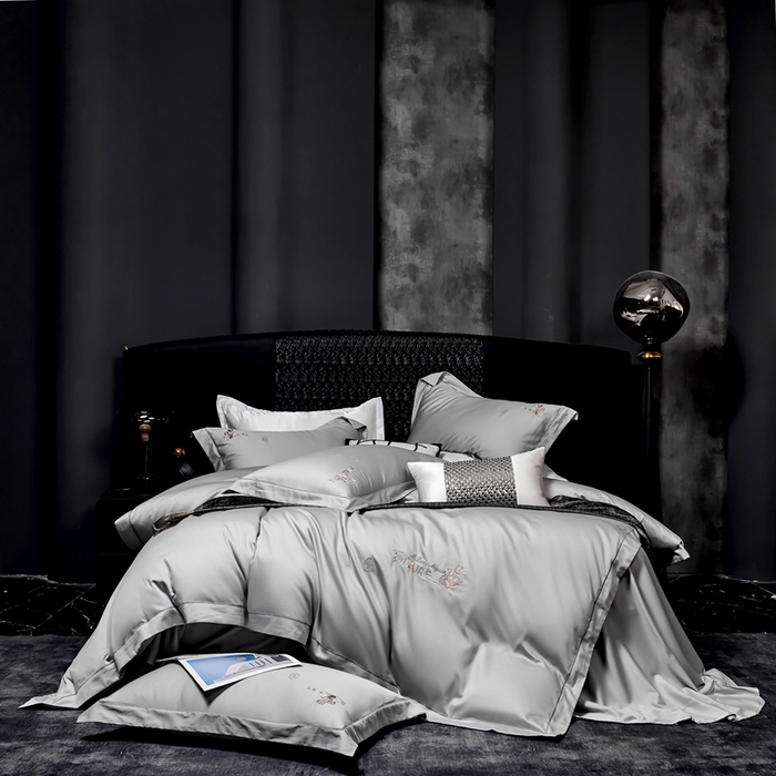 2025新款60s支贡缎长绒棉刺绣花四件套纯棉全棉100%棉轻奢风四件套 米拉-高级灰