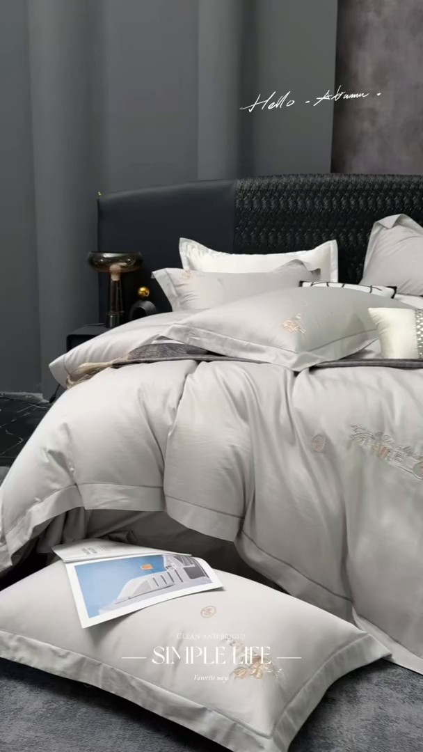 91家纺网 家纺一手货源 找家纺 2025新款60s支贡缎长绒棉刺绣花四件套纯棉全棉100%棉轻奢风四件套 米拉-高级灰