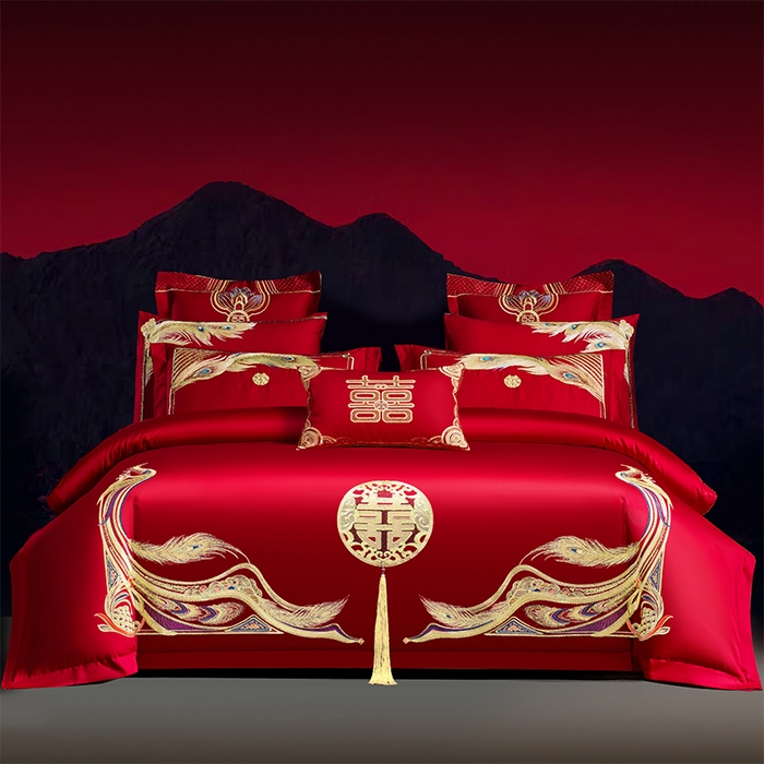 91家纺网 家纺一手货源 找家纺 2025年新款中式亲肤加厚双面磨毛婚庆四件套刺绣多件套 欢天喜地