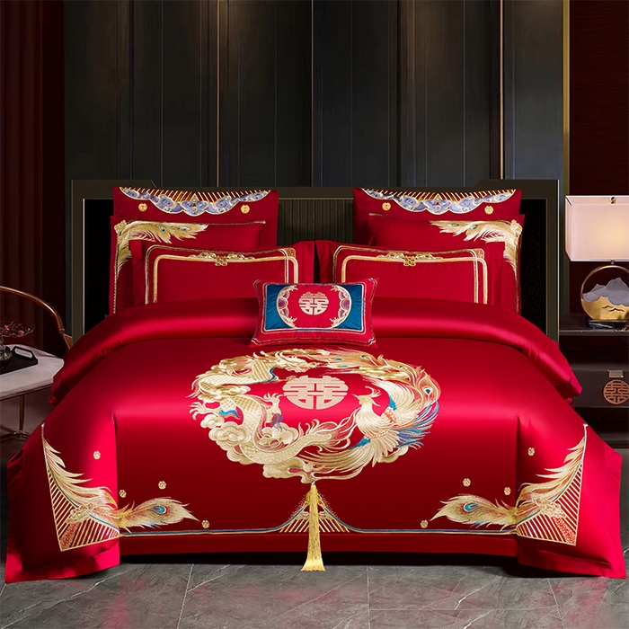 91家纺网 家纺一手货源 找家纺 2025年新款中式亲肤加厚双面磨毛婚庆四件套刺绣多件套 前程似锦