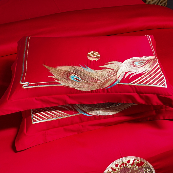 91家纺网 家纺一手货源 找家纺 2025年新款中式亲肤加厚双面磨毛婚庆四件套刺绣多件套 欢天喜地