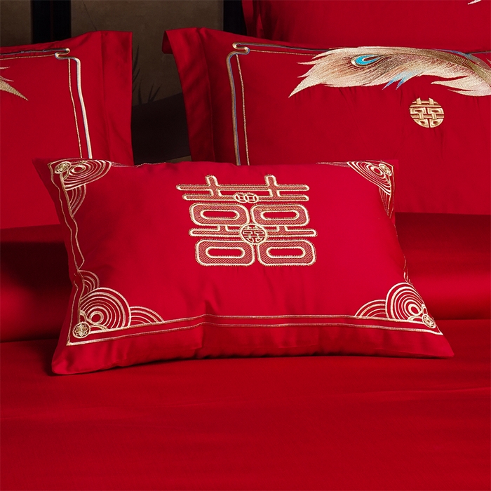 91家纺网 家纺一手货源 找家纺 2025年新款中式亲肤加厚双面磨毛婚庆四件套刺绣多件套 欢天喜地