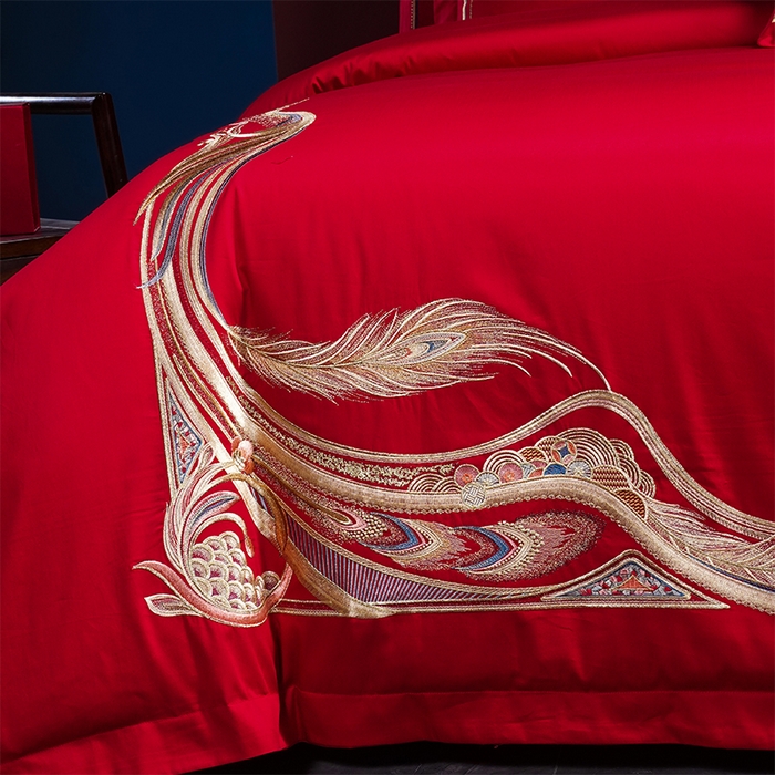 91家纺网 家纺一手货源 找家纺 2025年新款中式亲肤加厚双面磨毛婚庆四件套刺绣多件套 欢天喜地