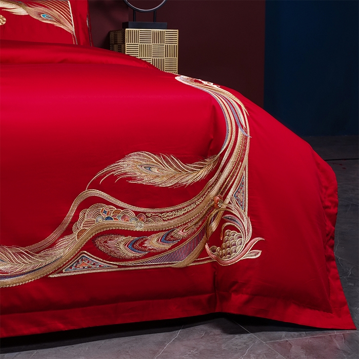 91家纺网 家纺一手货源 找家纺 2025年新款中式亲肤加厚双面磨毛婚庆四件套刺绣多件套 欢天喜地