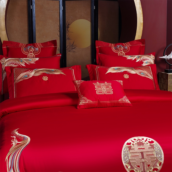 91家纺网 家纺一手货源 找家纺 2025年新款中式亲肤加厚双面磨毛婚庆四件套刺绣多件套 欢天喜地