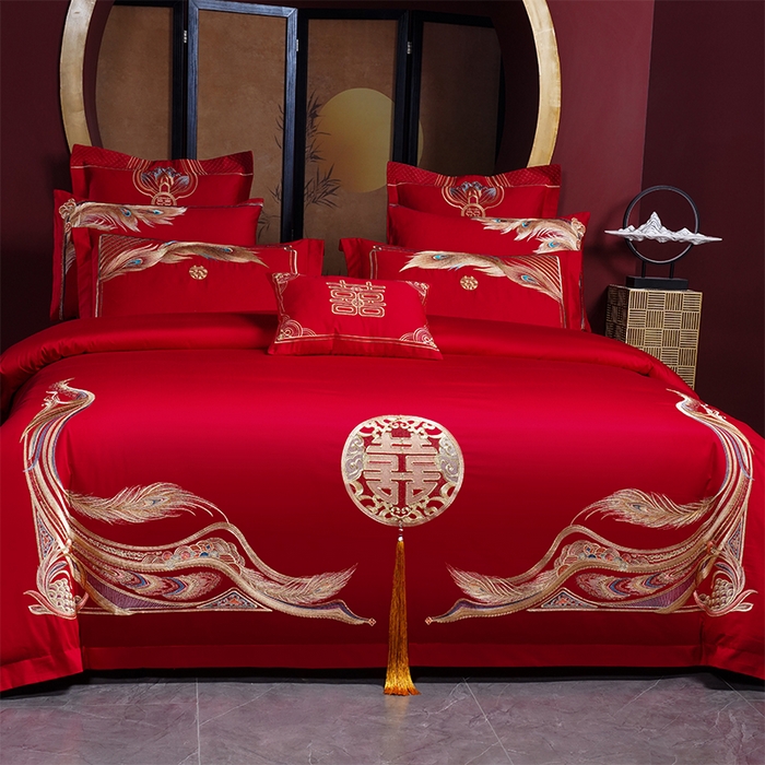 91家纺网 家纺一手货源 找家纺 2025年新款中式亲肤加厚双面磨毛婚庆四件套刺绣多件套 欢天喜地