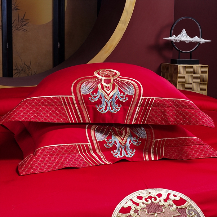 91家纺网 家纺一手货源 找家纺 2025年新款中式亲肤加厚双面磨毛婚庆四件套刺绣多件套 欢天喜地