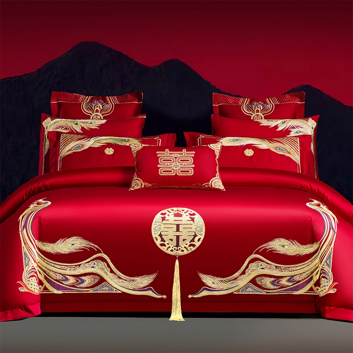 91家纺网 家纺一手货源 找家纺 2025年新款中式亲肤加厚双面磨毛婚庆四件套刺绣多件套 欢天喜地