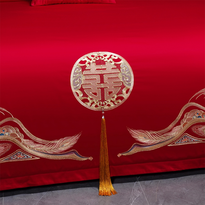 91家纺网 家纺一手货源 找家纺 2025年新款中式亲肤加厚双面磨毛婚庆四件套刺绣多件套 欢天喜地