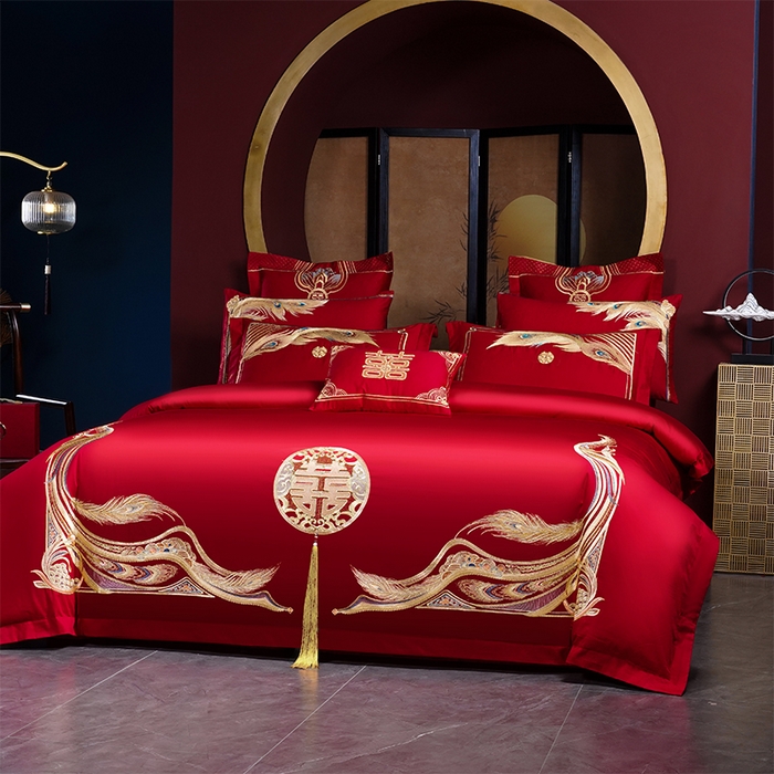 91家纺网 家纺一手货源 找家纺 2025年新款中式亲肤加厚双面磨毛婚庆四件套刺绣多件套 欢天喜地