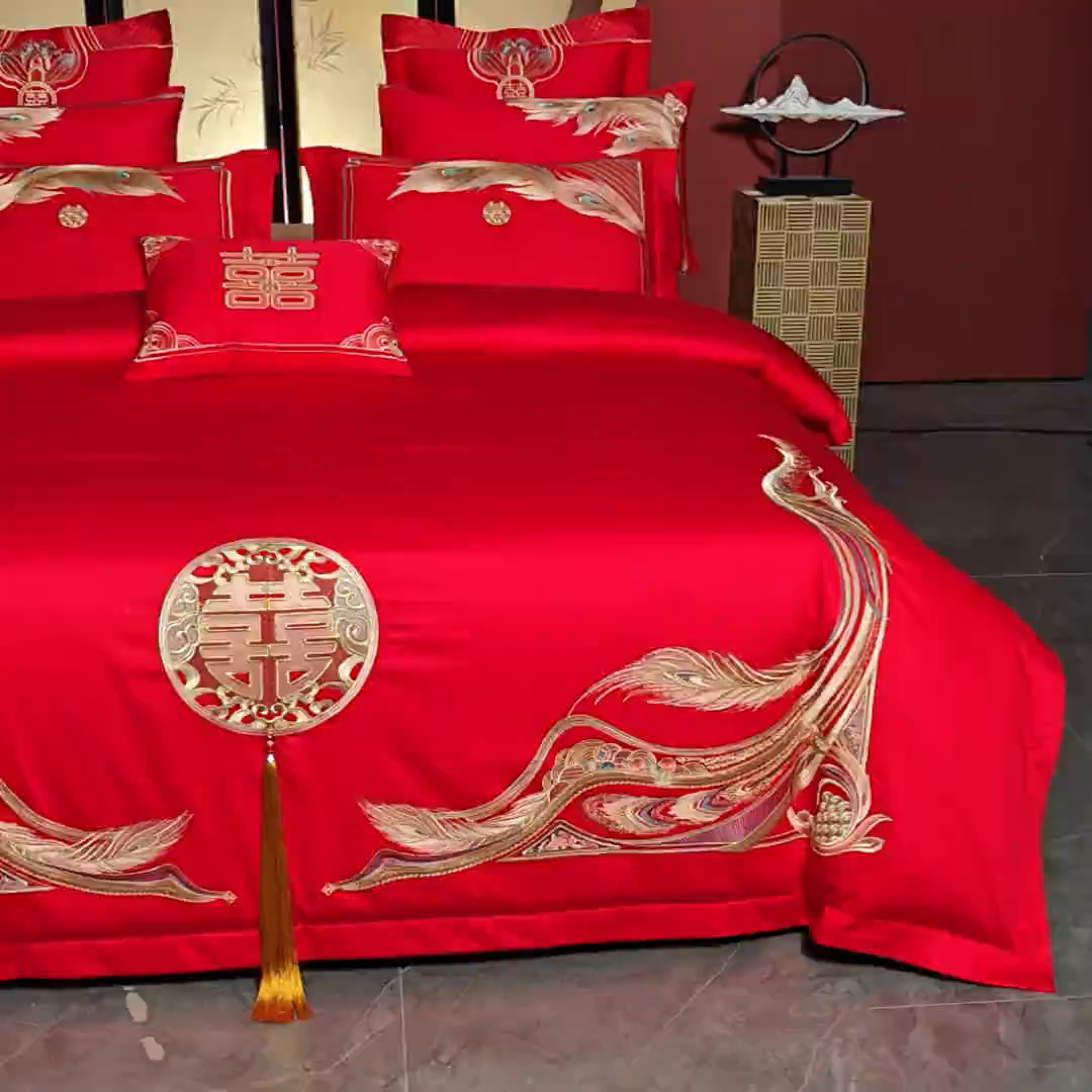 91家纺网 家纺一手货源 找家纺 2025年新款中式亲肤加厚双面磨毛婚庆四件套刺绣多件套 欢天喜地