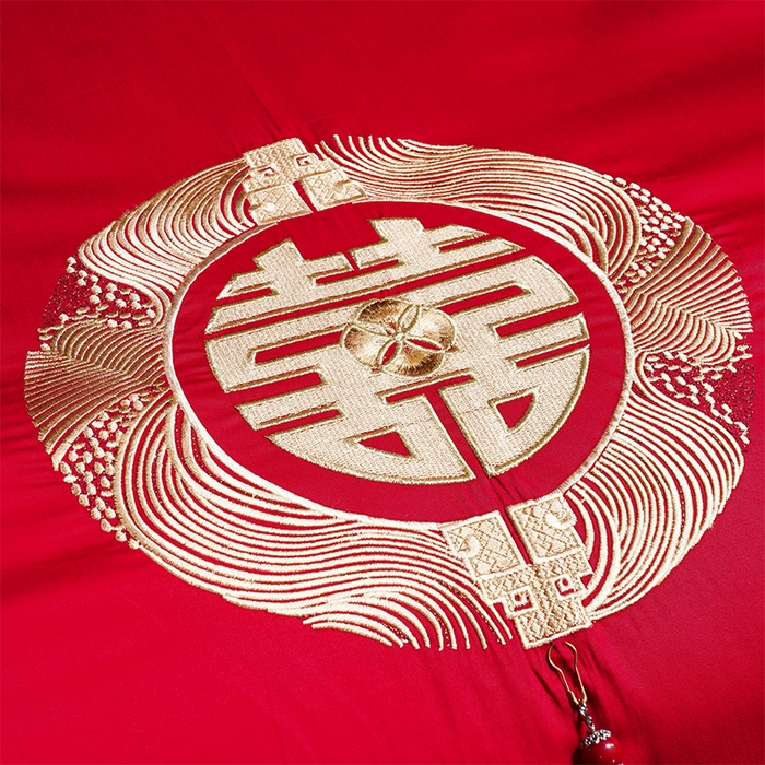 91家纺网 家纺一手货源 找家纺 2025年新款中式亲肤加厚双面磨毛婚庆四件套刺绣多件套 今生有你