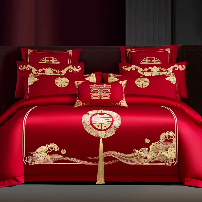 91家纺网 家纺一手货源 找家纺 2025年新款中式亲肤加厚双面磨毛婚庆四件套刺绣多件套 今生有你